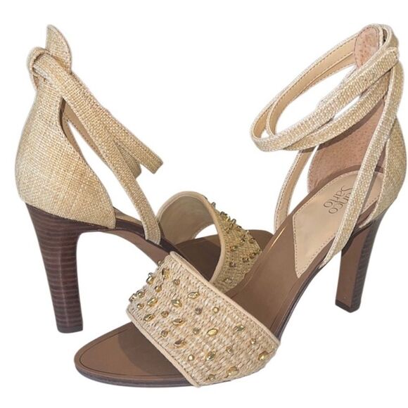 Franco Sarto Eleanor Beige and Gold Studded Ankle Strap Heels Size 10 NWOB - Picture 1 of 10